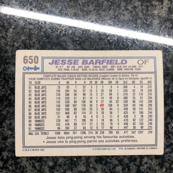 Jesse Barfield O Pee Chee 1992 #650 baseball card!!! - Picture 2 of 2